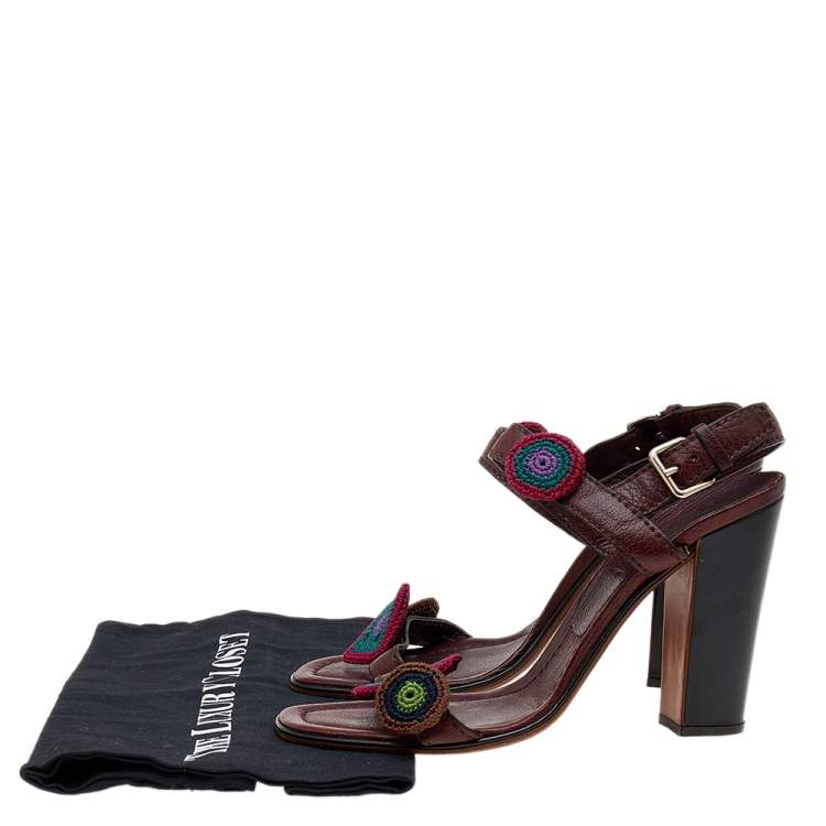 Pre Owned Prada Brown Leather Floral Embroidered Patches Ankle Strap Sandals Size 40