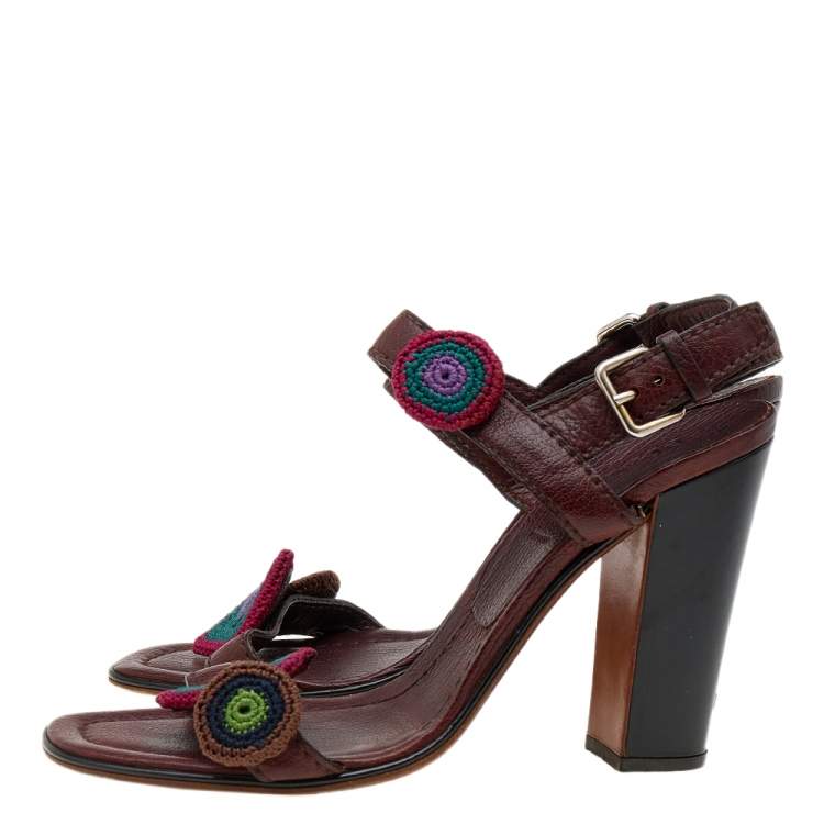 Pre Owned Prada Brown Leather Floral Embroidered Patches Ankle Strap Sandals Size 40