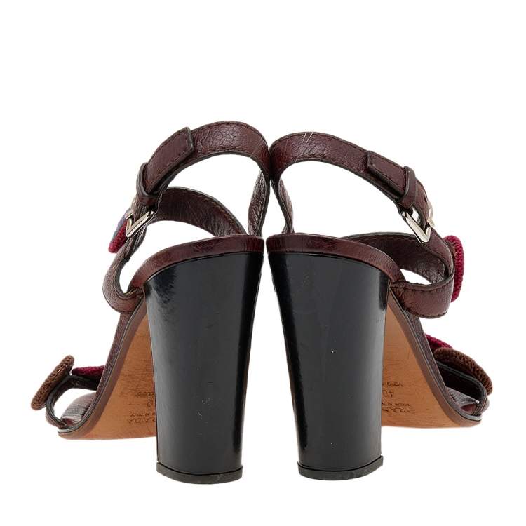 Pre Owned Prada Brown Leather Floral Embroidered Patches Ankle Strap Sandals Size 40