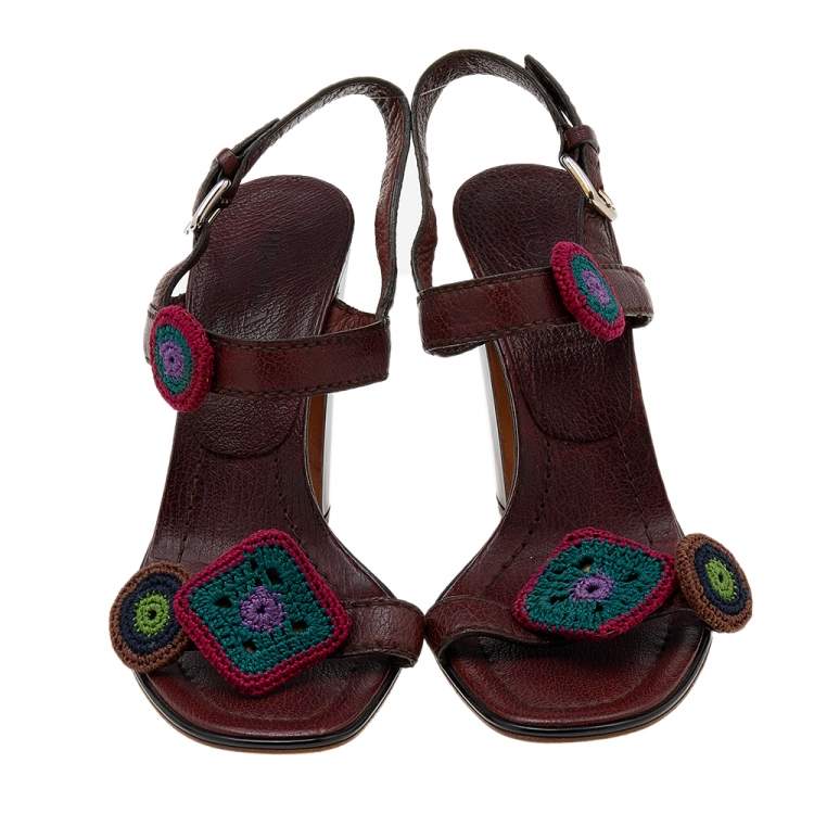 Pre Owned Prada Brown Leather Floral Embroidered Patches Ankle Strap Sandals Size 40
