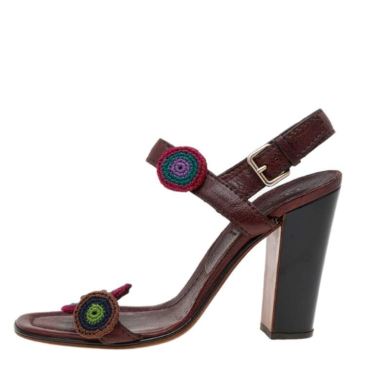 Pre Owned Prada Brown Leather Floral Embroidered Patches Ankle Strap Sandals Size 40