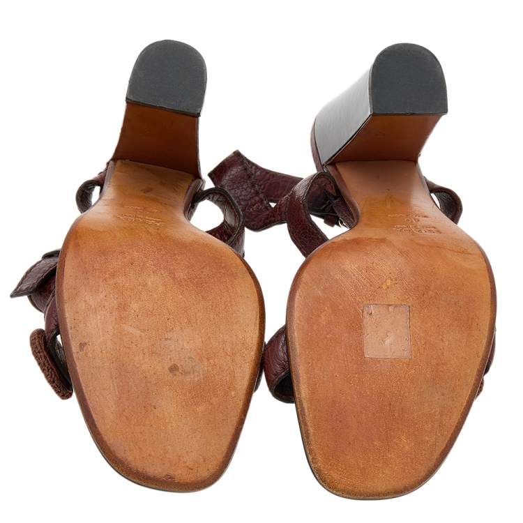 Pre Owned Prada Brown Leather Floral Embroidered Patches Ankle Strap Sandals Size 40