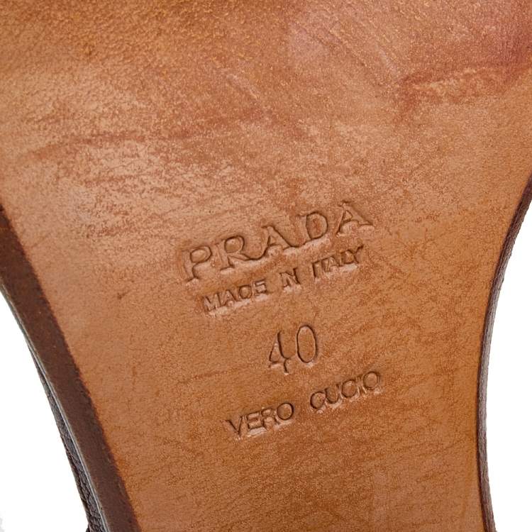 Pre Owned Prada Brown Leather Floral Embroidered Patches Ankle Strap Sandals Size 40