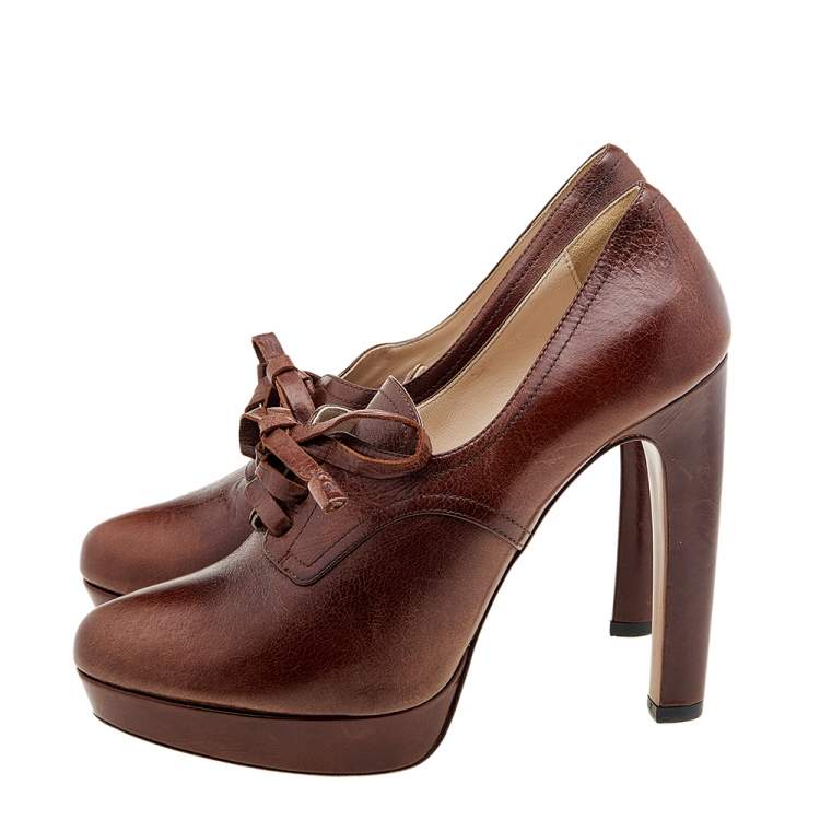 Pre Owned Prada Brown Leather Lace Up Booties Size 40