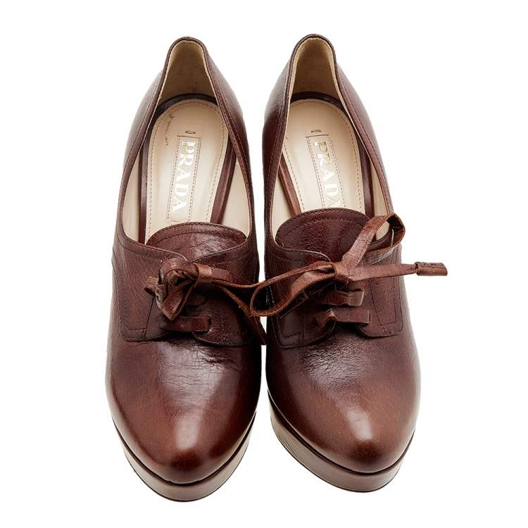 Pre Owned Prada Brown Leather Lace Up Booties Size 40