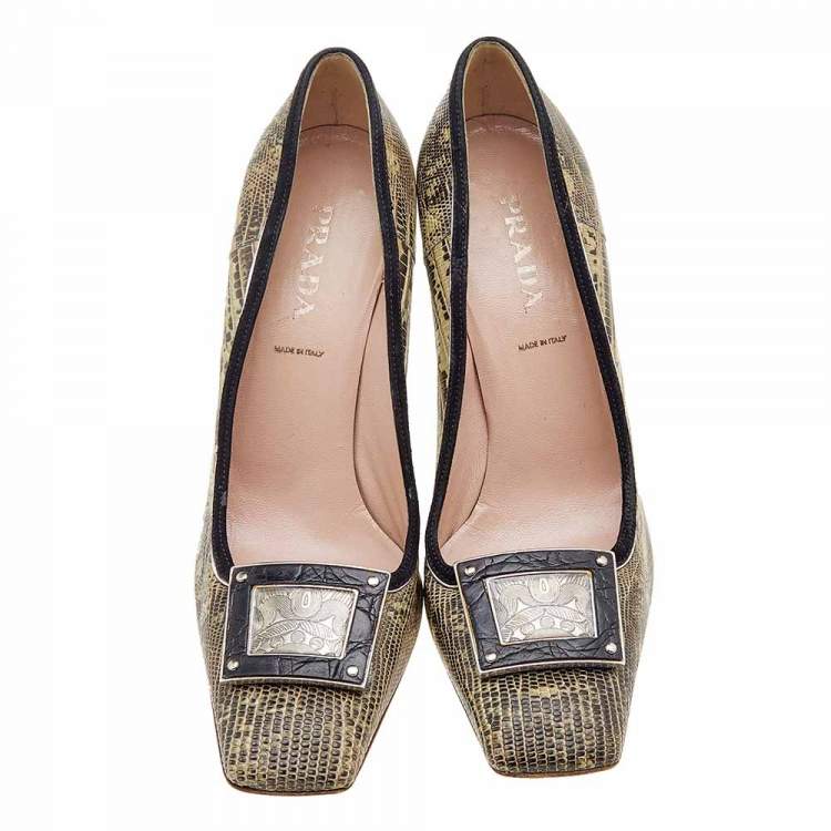 Pre Owned Prada Brown/Beige Lizard Leather Embellished Pumps Size 38.5