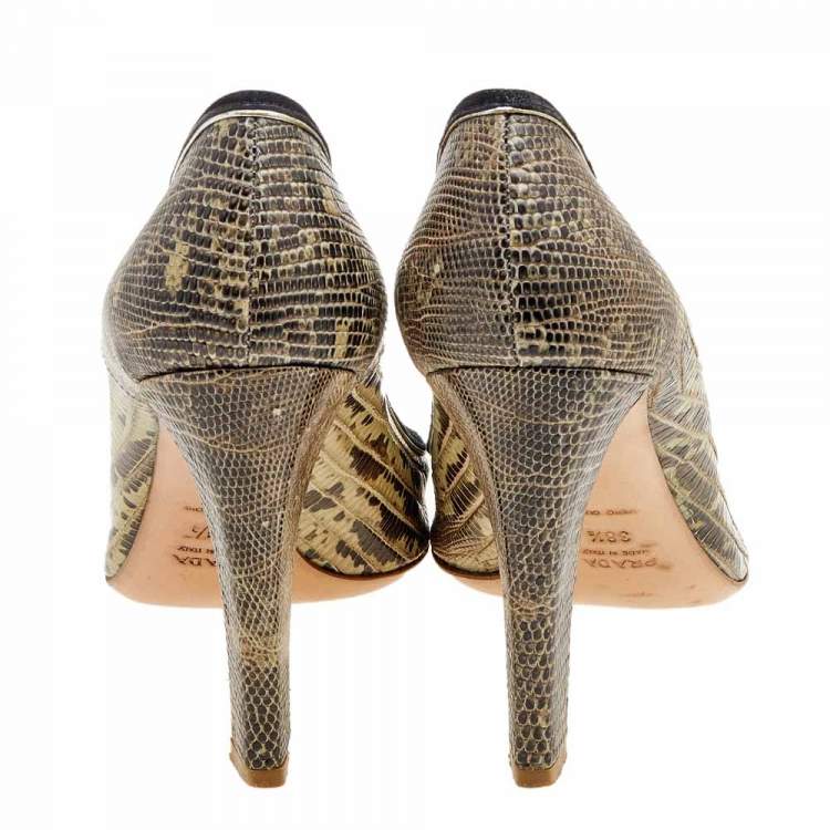 Pre Owned Prada Brown/Beige Lizard Leather Embellished Pumps Size 38.5