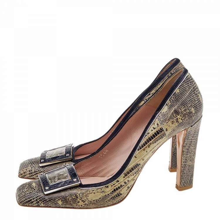 Pre Owned Prada Brown/Beige Lizard Leather Embellished Pumps Size 38.5