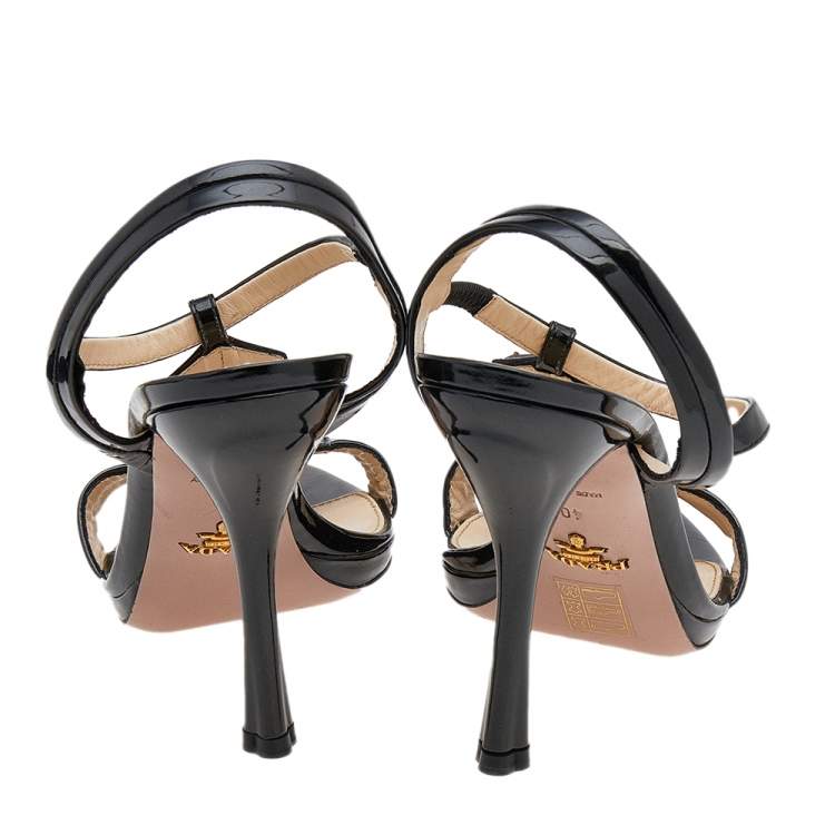 Pre Owned Prada Dark Green Patent Leather Crystal Embellished T-Strap Sandals Size 40