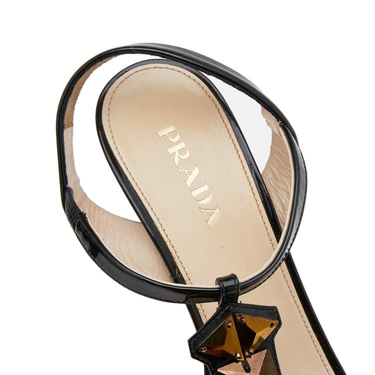 Pre Owned Prada Dark Green Patent Leather Crystal Embellished T-Strap Sandals Size 40