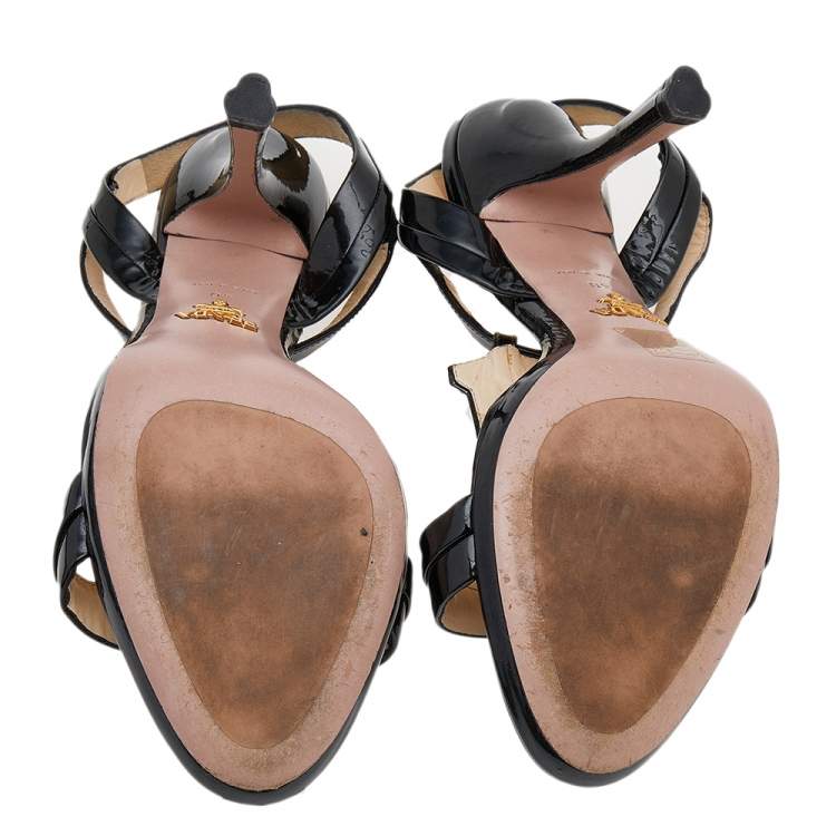 Pre Owned Prada Dark Green Patent Leather Crystal Embellished T-Strap Sandals Size 40