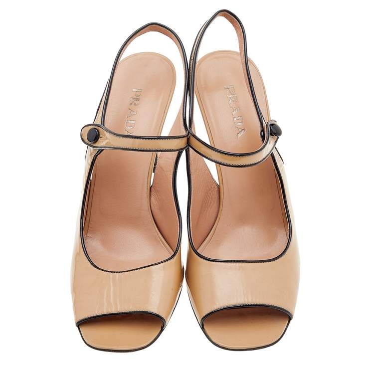 Pre Owned Prada Beige Patent Leather Open Toe Slingback Sandals Size 40 