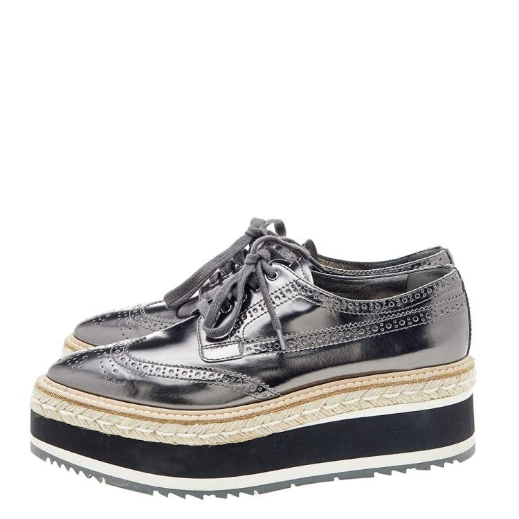 Pre Owned Prada Metallic Grey Brogue Leather Wave Wingtip Espadrille Platform Derby Sneakers Size 39.5