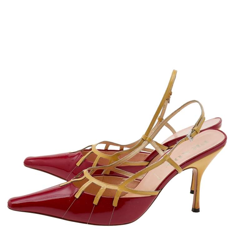 Pre Owned Prada Red/Yellow Patent Leather Slingback Sandals Size 39.5