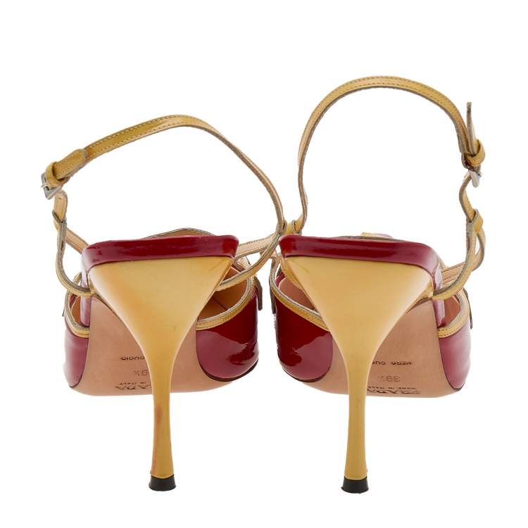 Pre Owned Prada Red/Yellow Patent Leather Slingback Sandals Size 39.5
