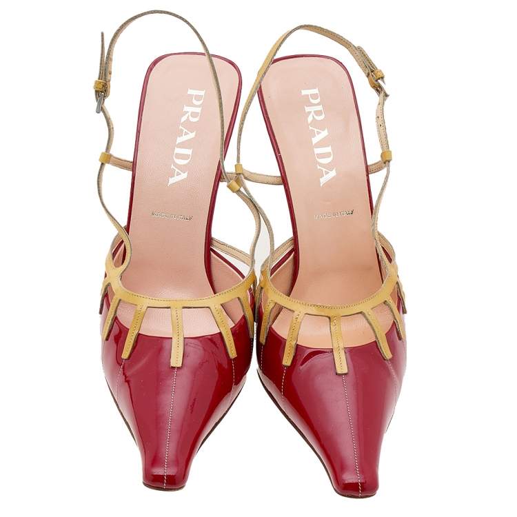 Pre Owned Prada Red/Yellow Patent Leather Slingback Sandals Size 39.5