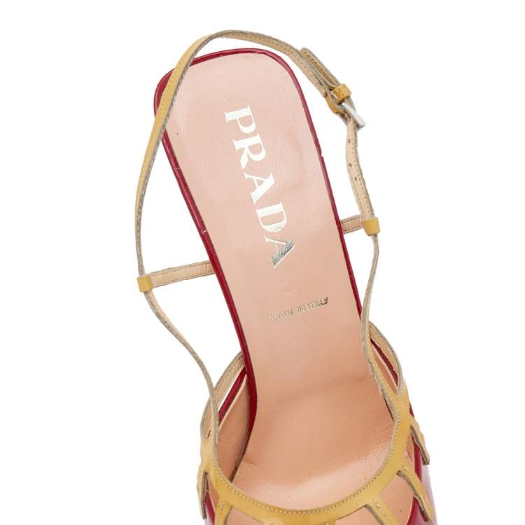 Pre Owned Prada Red/Yellow Patent Leather Slingback Sandals Size 39.5