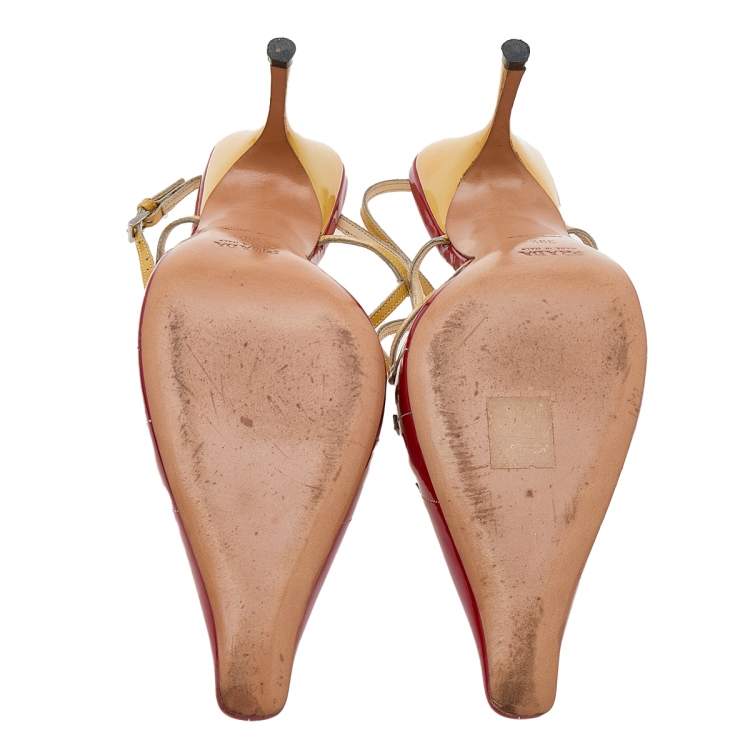 Pre Owned Prada Red/Yellow Patent Leather Slingback Sandals Size 39.5