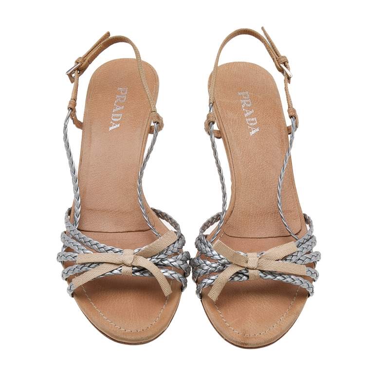 Pre Owned Prada Silver/Beige Braided Leather Bow Slingback Wedge Sandals Size 40