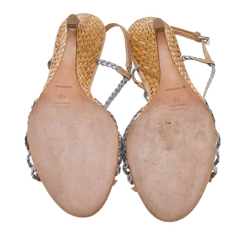 Pre Owned Prada Silver/Beige Braided Leather Bow Slingback Wedge Sandals Size 40