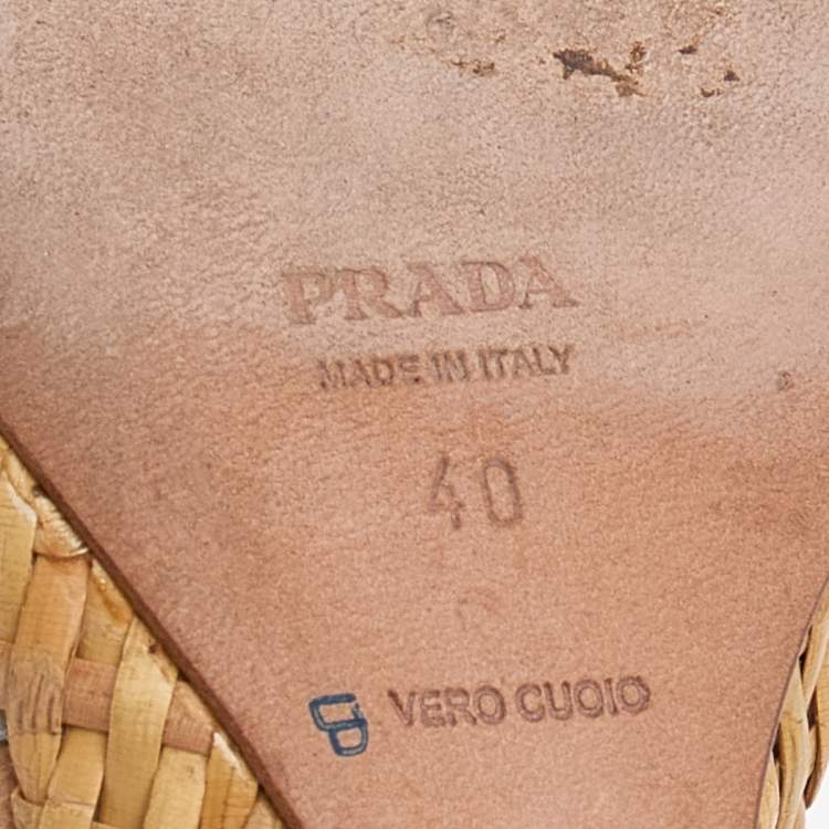 Pre Owned Prada Silver/Beige Braided Leather Bow Slingback Wedge Sandals Size 40