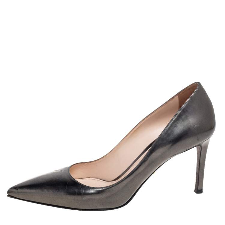 Prada Metallic Grey Leather Pointed Toe Pumps Size 36.5 Prada