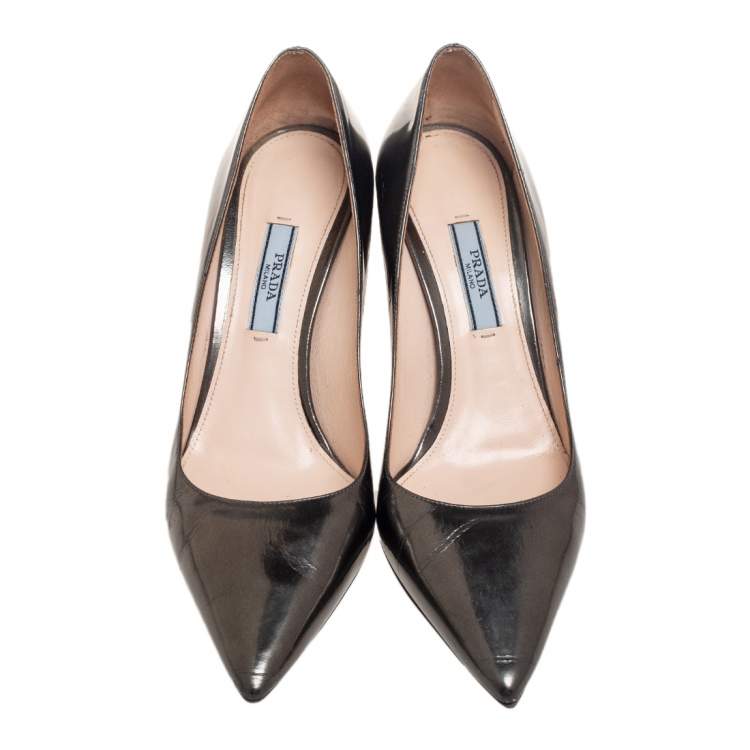 Pre Owned Prada Metallic Grey Leather Pointed Toe Pumps Size 36.5