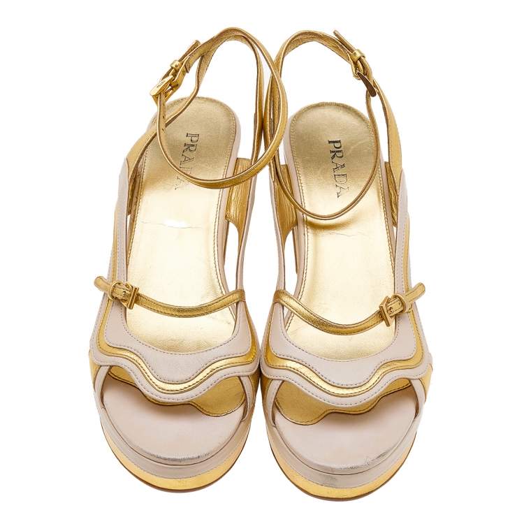 Pre Owned Prada Beige/Gold Leather Ankle Strap Block Heel Sandals Size 40
