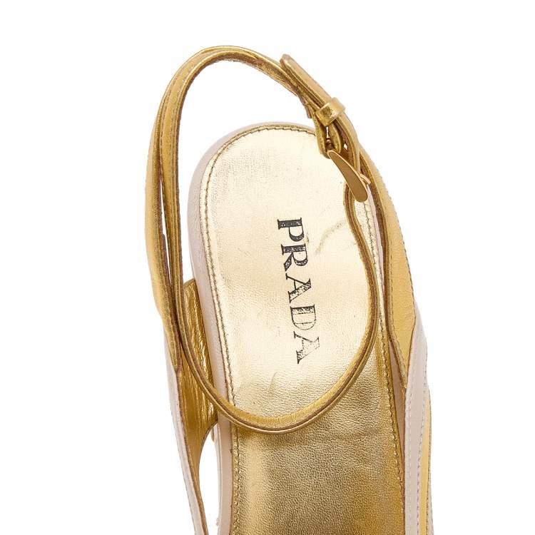 Pre Owned Prada Beige/Gold Leather Ankle Strap Block Heel Sandals Size 40