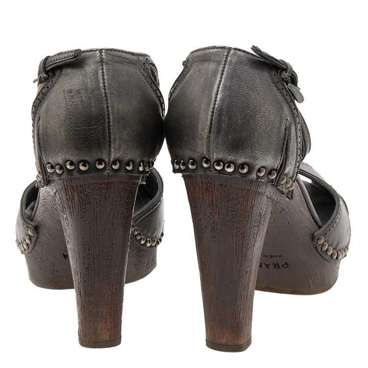 Pre Owned Prada Metallic Dark Grey Leather Studded T-Strap Platform Sandals Size 37.5