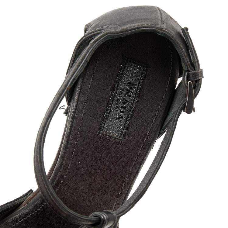 Pre Owned Prada Metallic Dark Grey Leather Studded T-Strap Platform Sandals Size 37.5