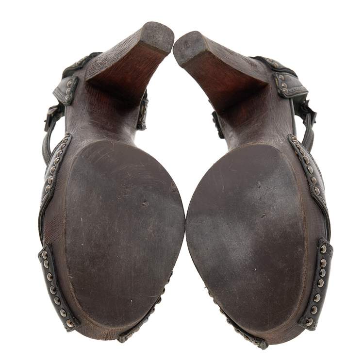 Pre Owned Prada Metallic Dark Grey Leather Studded T-Strap Platform Sandals Size 37.5