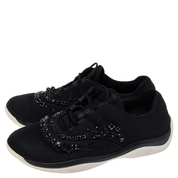 Pre Owned Prada Black Mesh Crystal Embellished Slip On Sneakers Size 40