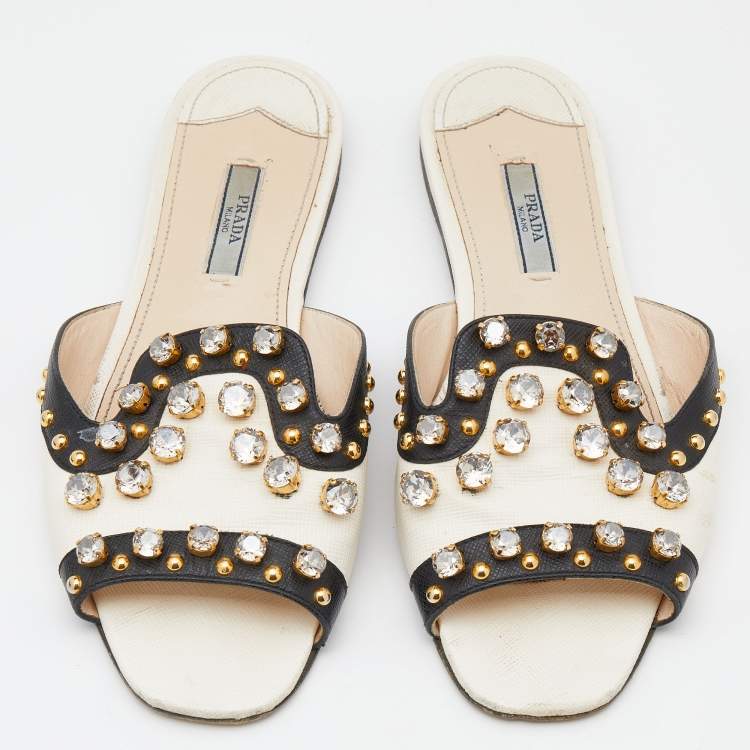 Prada White/Black Saffiano Leather Crystal Embellished Flat Slides Size ...