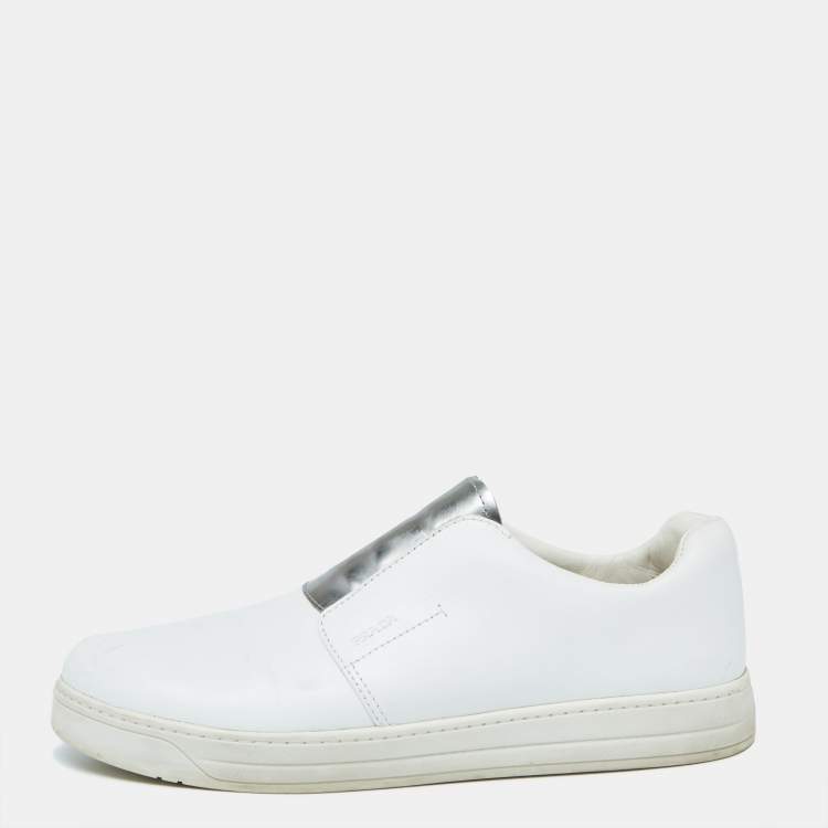 Pre Owned Prada White/Silver Leather Slip-On Sneakers Size 39