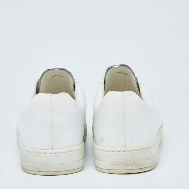 Pre Owned Prada White/Silver Leather Slip-On Sneakers Size 39