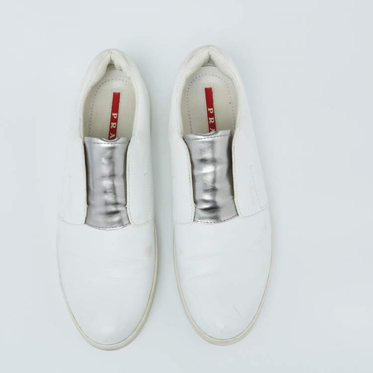 Pre Owned Prada White/Silver Leather Slip-On Sneakers Size 39