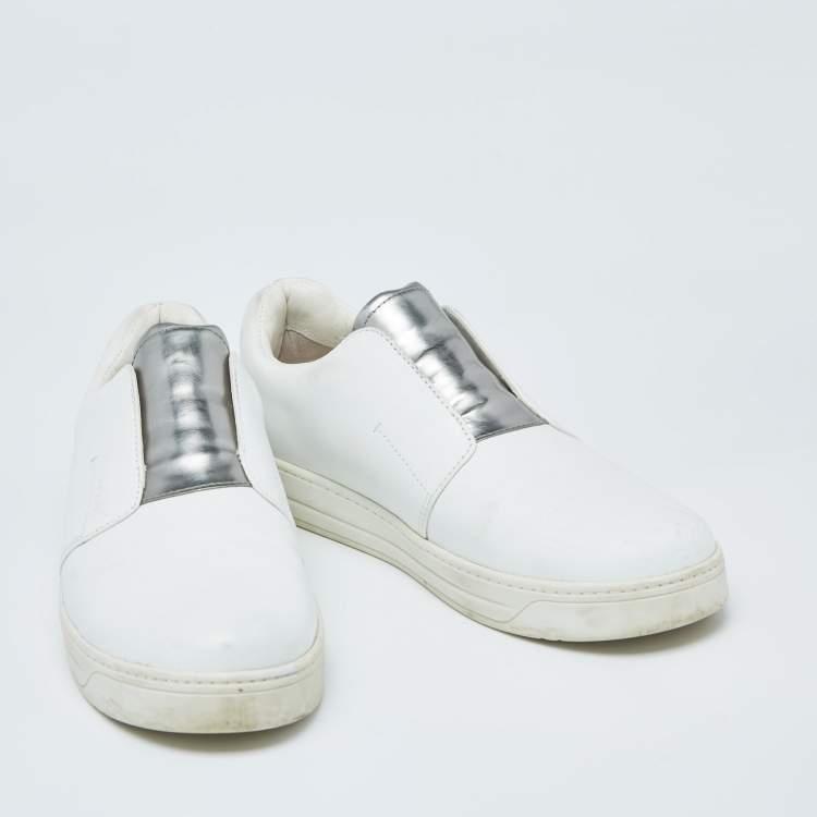 Pre Owned Prada White/Silver Leather Slip-On Sneakers Size 39