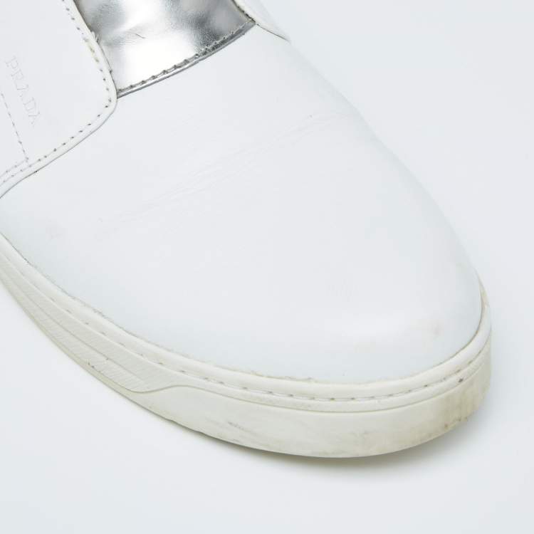 Pre Owned Prada White/Silver Leather Slip-On Sneakers Size 39