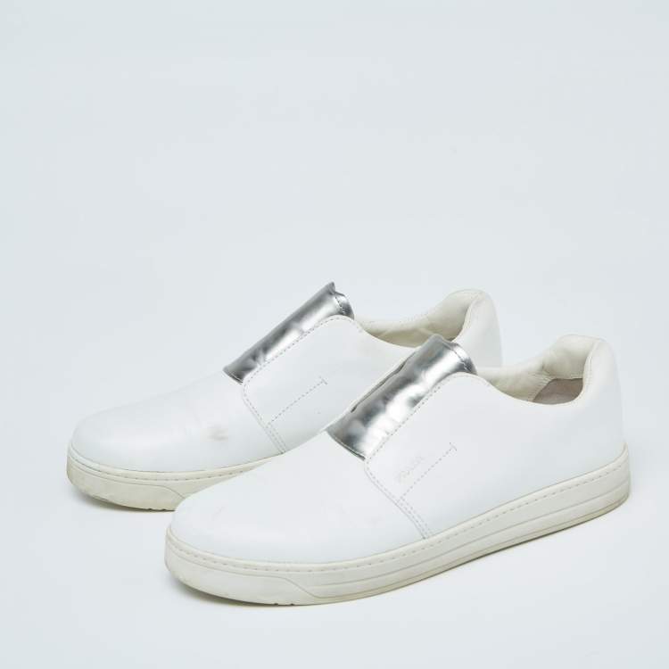 Pre Owned Prada White/Silver Leather Slip-On Sneakers Size 39