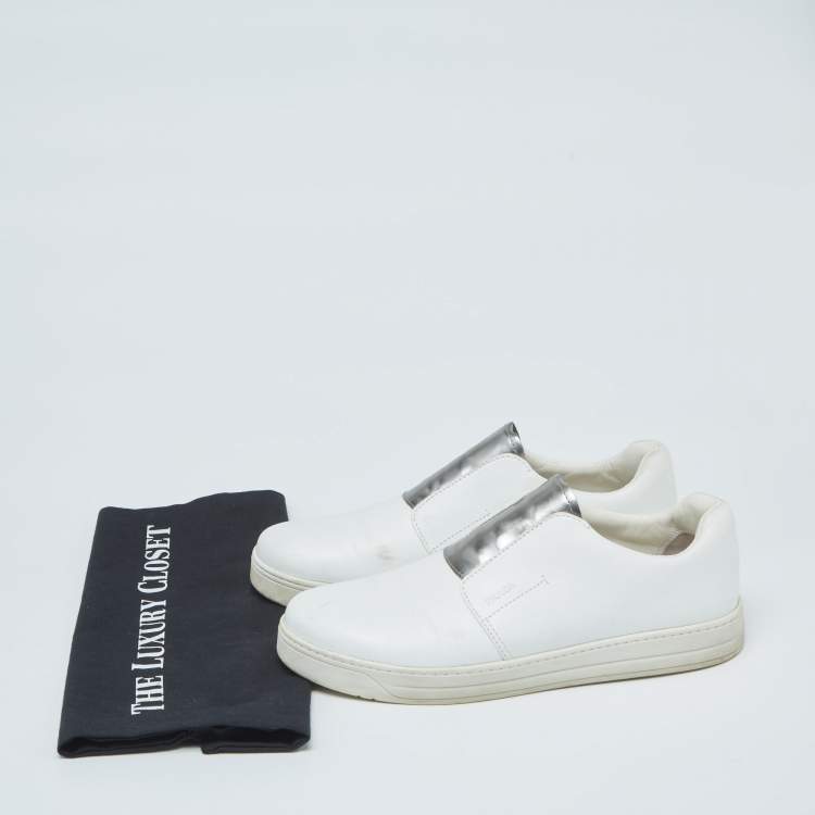 Pre Owned Prada White/Silver Leather Slip-On Sneakers Size 39