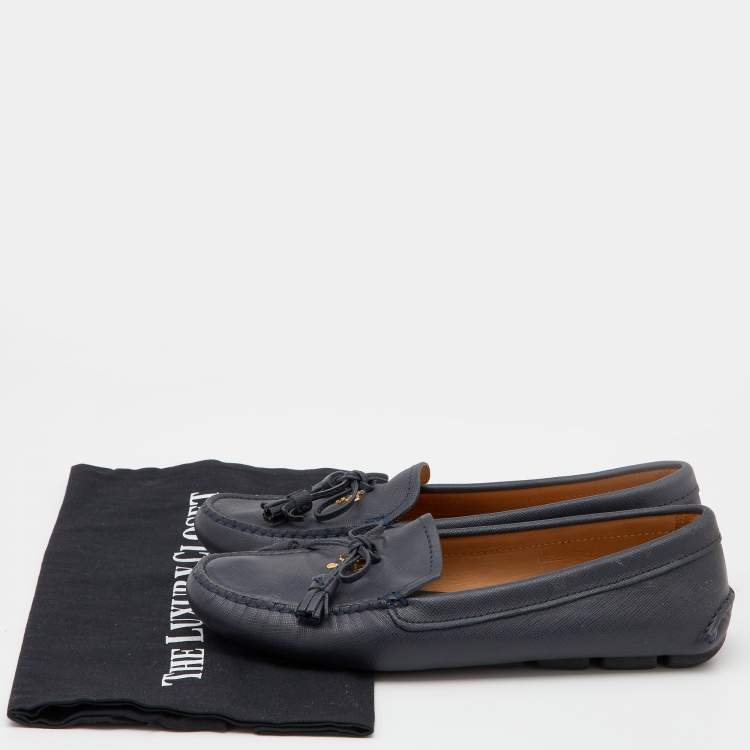 Pre Owned Prada Blue Leather Bow Slip On Loafers Size 38