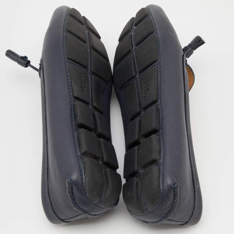 Pre Owned Prada Blue Leather Bow Slip On Loafers Size 38