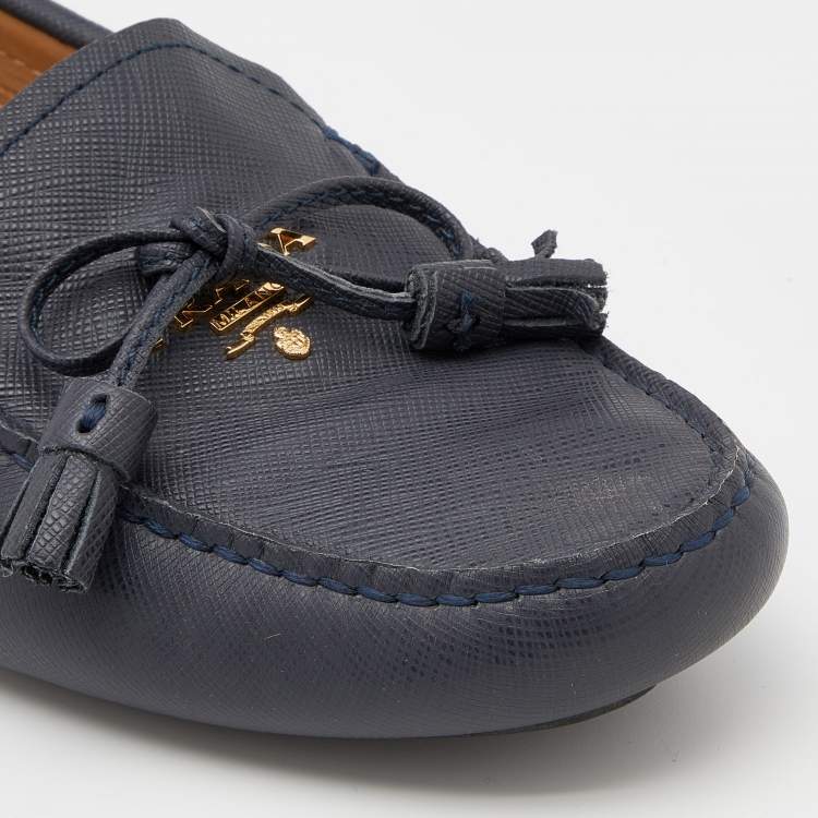 Pre Owned Prada Blue Leather Bow Slip On Loafers Size 38