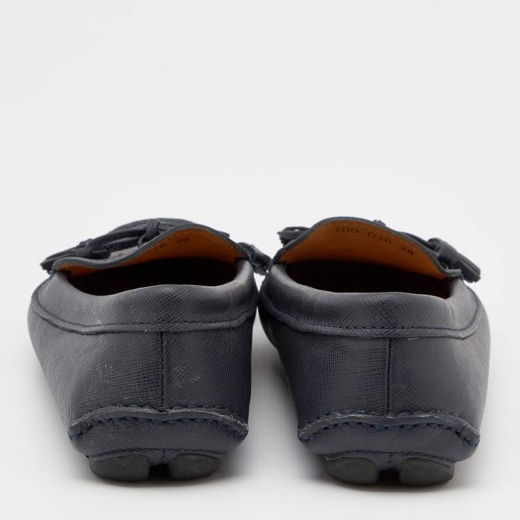 Pre Owned Prada Blue Leather Bow Slip On Loafers Size 38