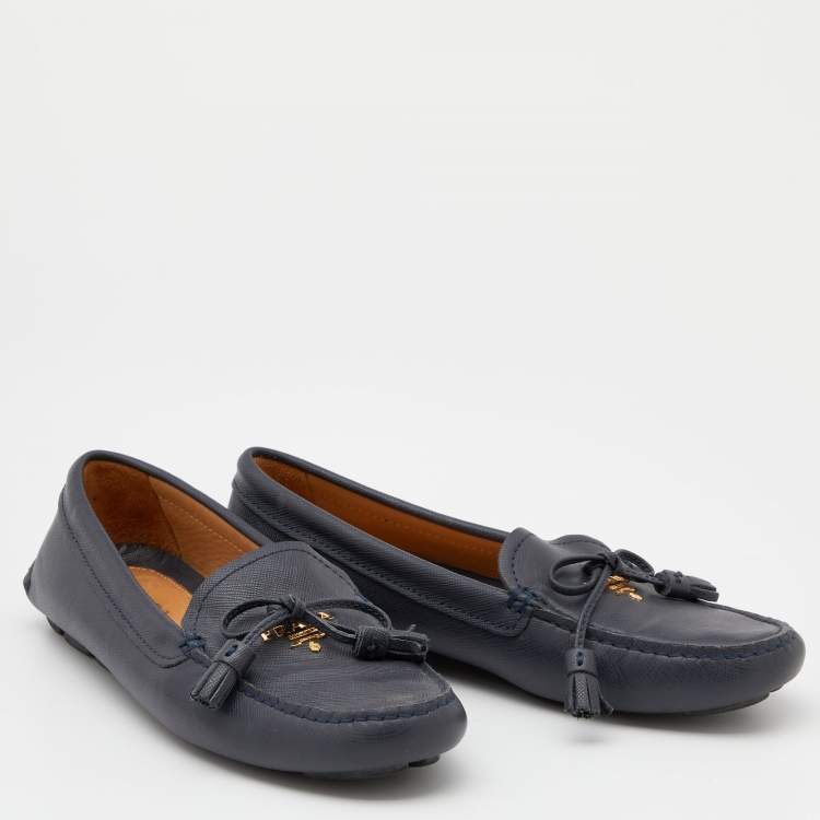 Pre Owned Prada Blue Leather Bow Slip On Loafers Size 38