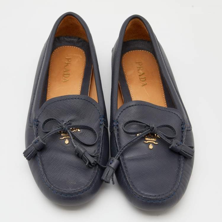 Pre Owned Prada Blue Leather Bow Slip On Loafers Size 38