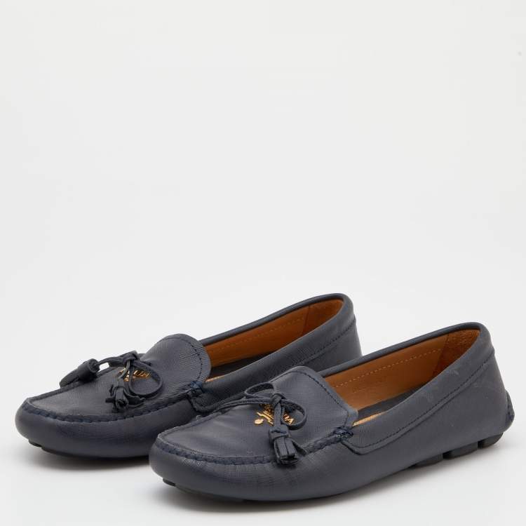 Pre Owned Prada Blue Leather Bow Slip On Loafers Size 38