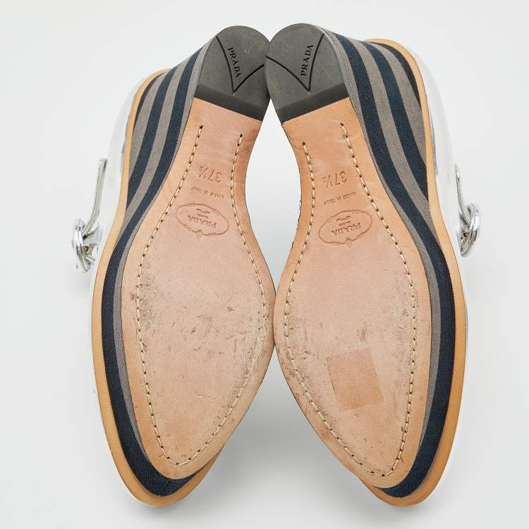 Pre Owned Prada Silver Leather Wedge Pumps Size 37.5