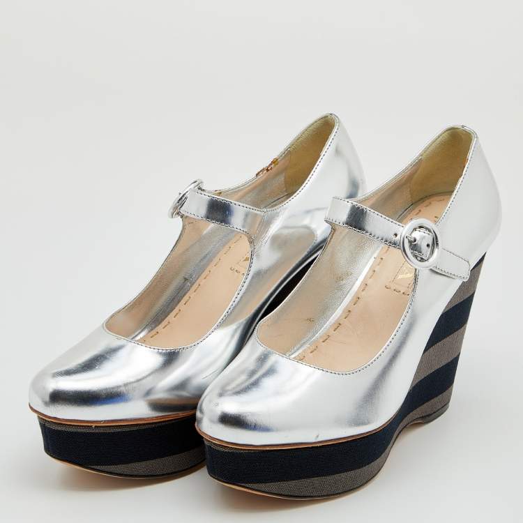 Pre Owned Prada Silver Leather Wedge Pumps Size 37.5
